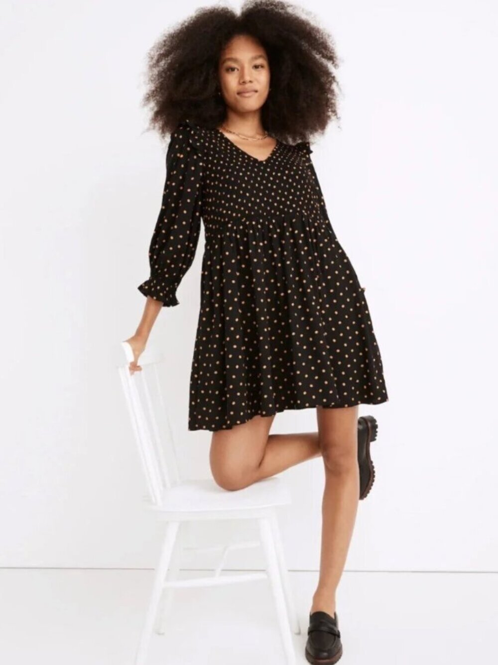 Madewell Lucie Smocked Mini Dress Polka Dot Black Gold